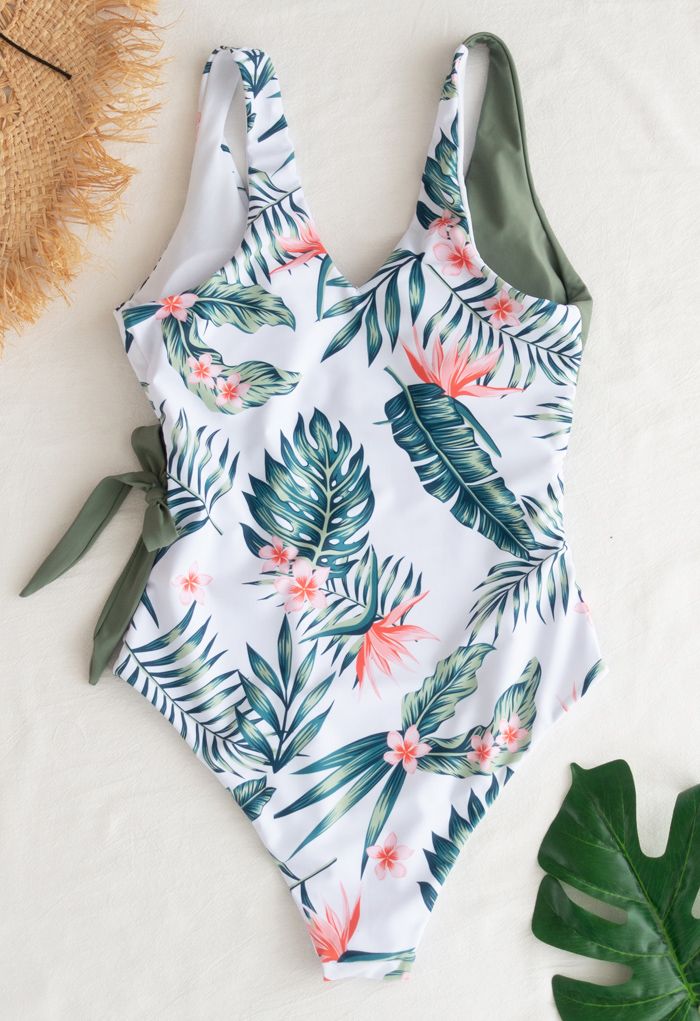 Wrap Front Tropical Leaves One-Piece Swimsuit