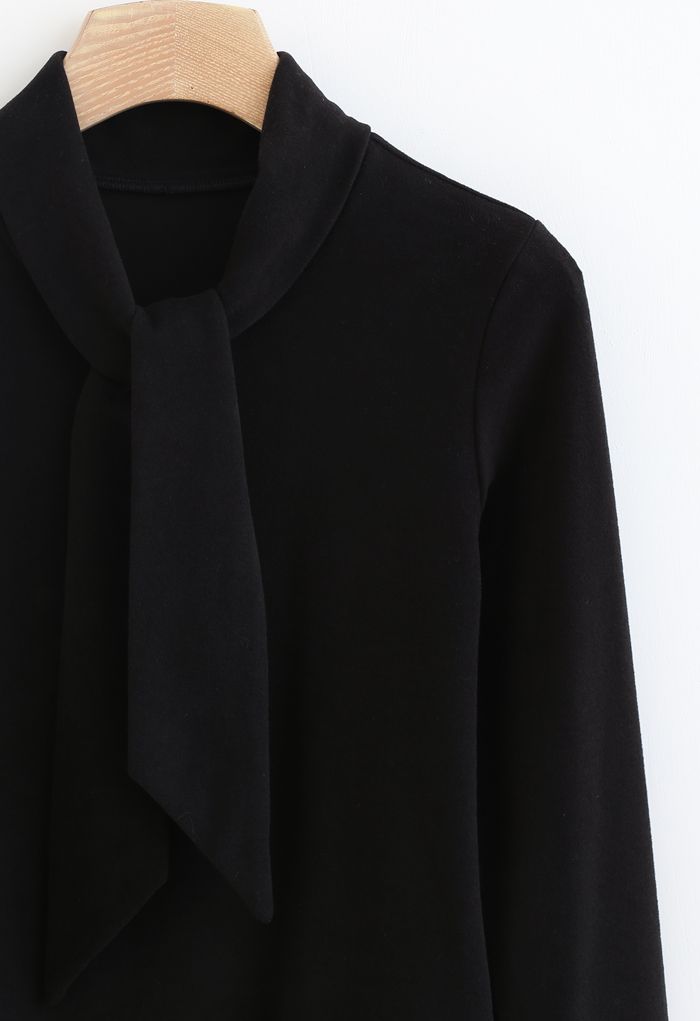 Tie-Neck Soft Touch Long Sleeves Top in Black