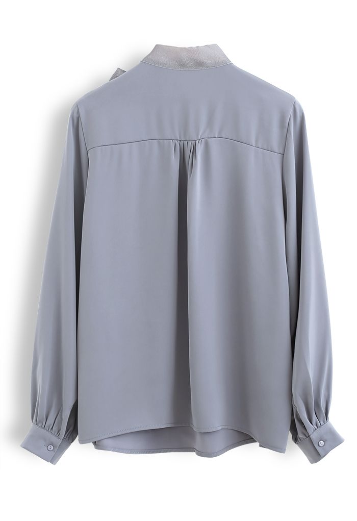 Satin Bowknot Neck Long Sleeves Top in Dusty Blue