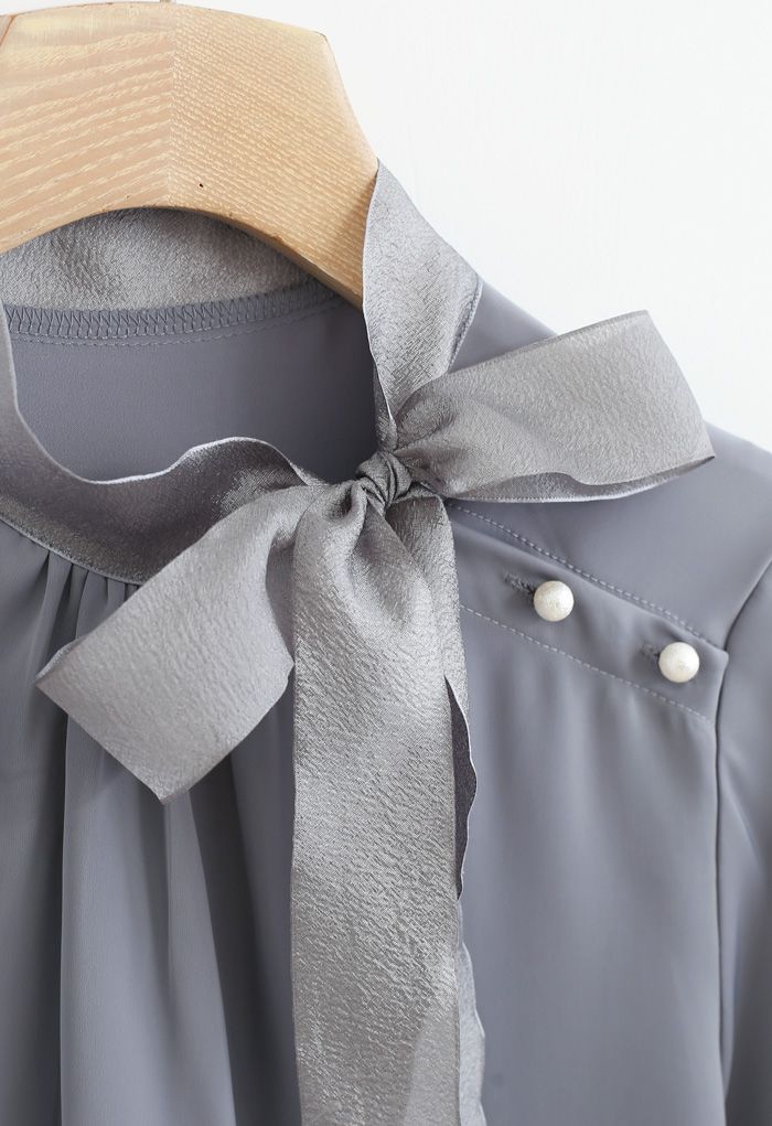 Satin Bowknot Neck Long Sleeves Top in Dusty Blue
