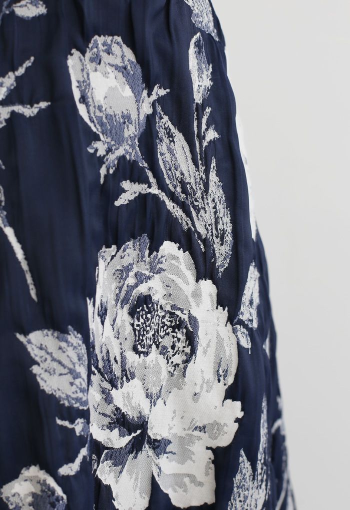 Navy Floral Jacquard Pleated Midi Skirt