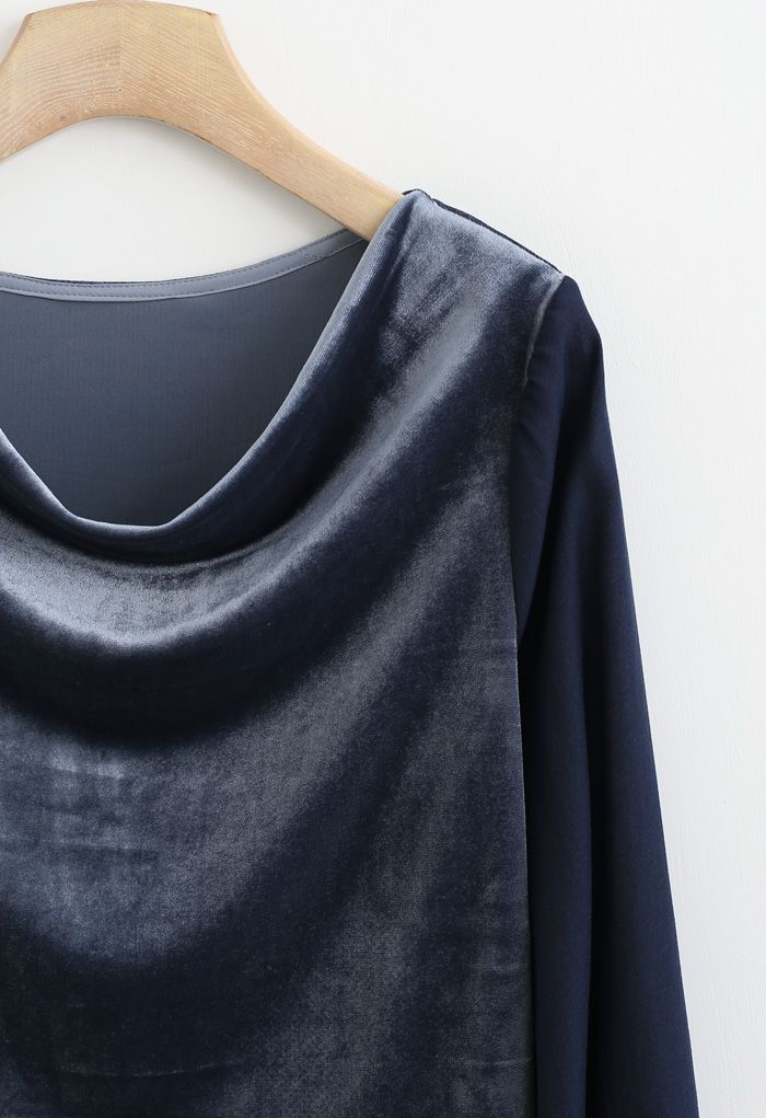 Velvet Drape Neck Versatile Shirt in Dusty Blue