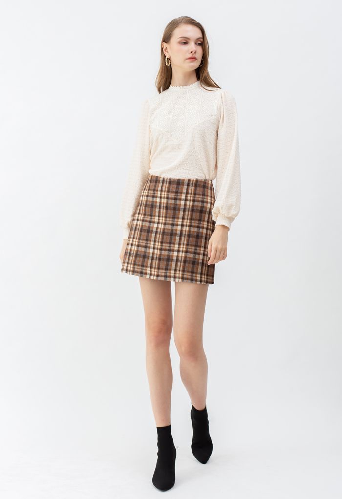 Plaid Wool-Blend Bud Skirt in Tan