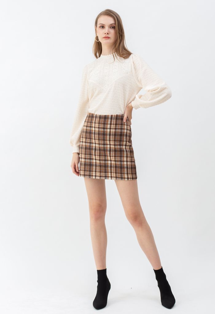 Crochet Panelled Puff Sleeves Smock Top in Cream
