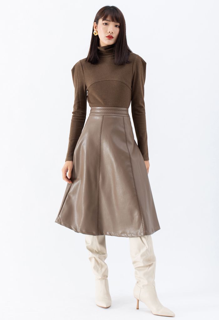 Seamed Front Turtleneck Top in Brown