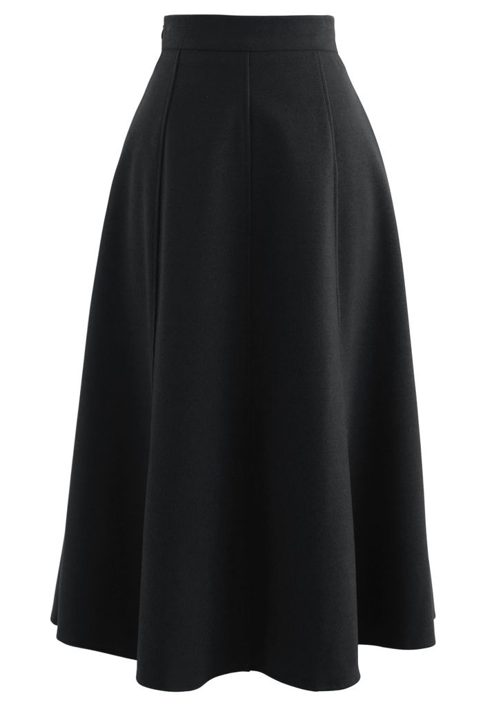 Solid Color Wool-Blend Midi Skirt in Black