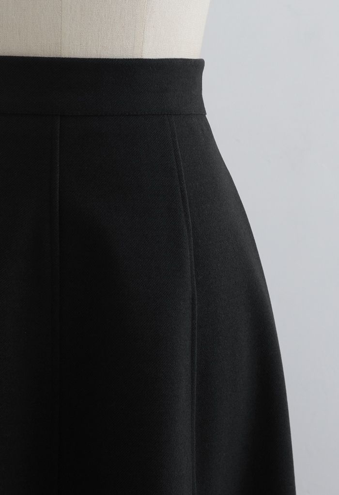 Solid Color Wool-Blend Midi Skirt in Black