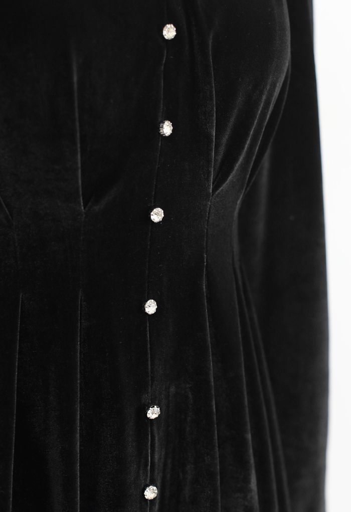 Button Trim V-Neck Velvet Midi Dress