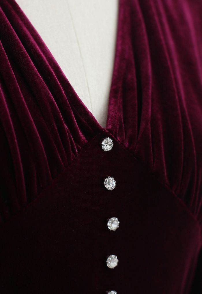 Button Trim V-Neck Ruched Velvet Dress in Wine