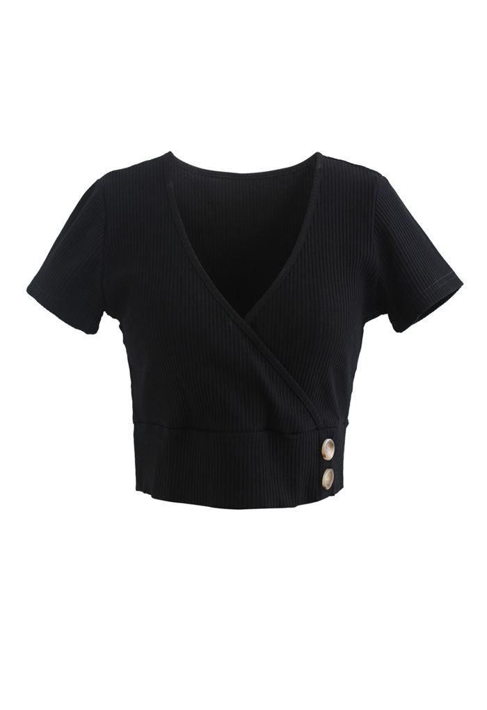 Short-Sleeve Buttoned Cropped Top in Black