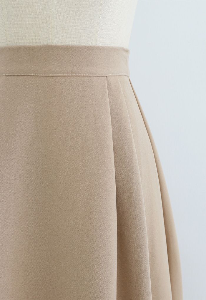 Pleated Flare Midi Skirt in Tan
