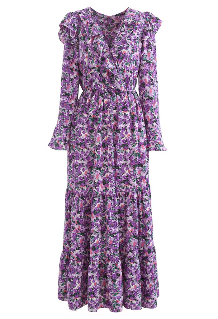 Bright Bloom Wrap Ruffle Maxi Dress in Purple