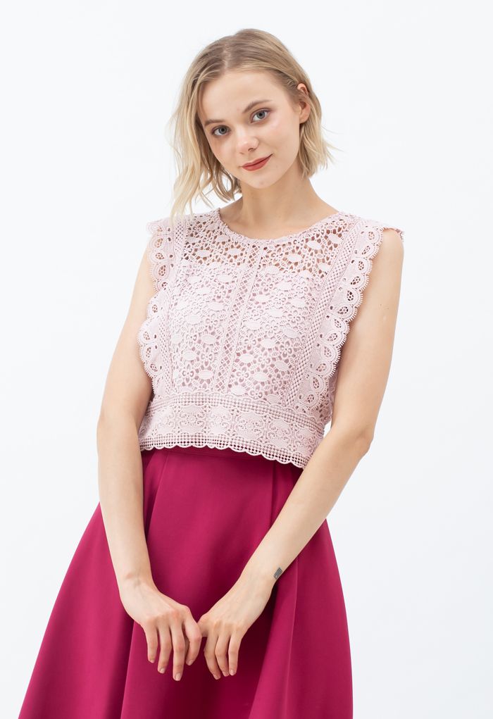 Crochet Lacey Sleeveless Crop Top in Dusty Pink
