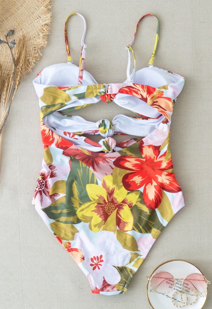 Tropical Print Knotted Cutout Swimsuit