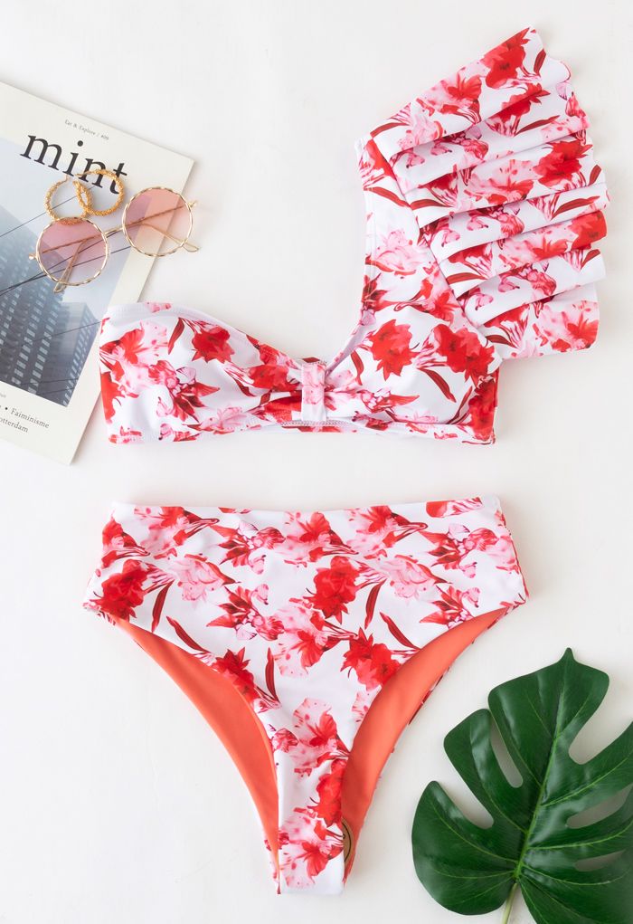Ruffle One-Shoulder Floral Bikini Set