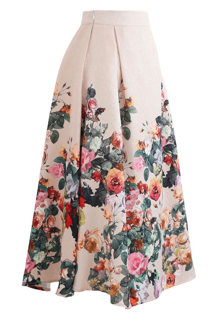 Wild Rose Print Embossed Midi Skirt