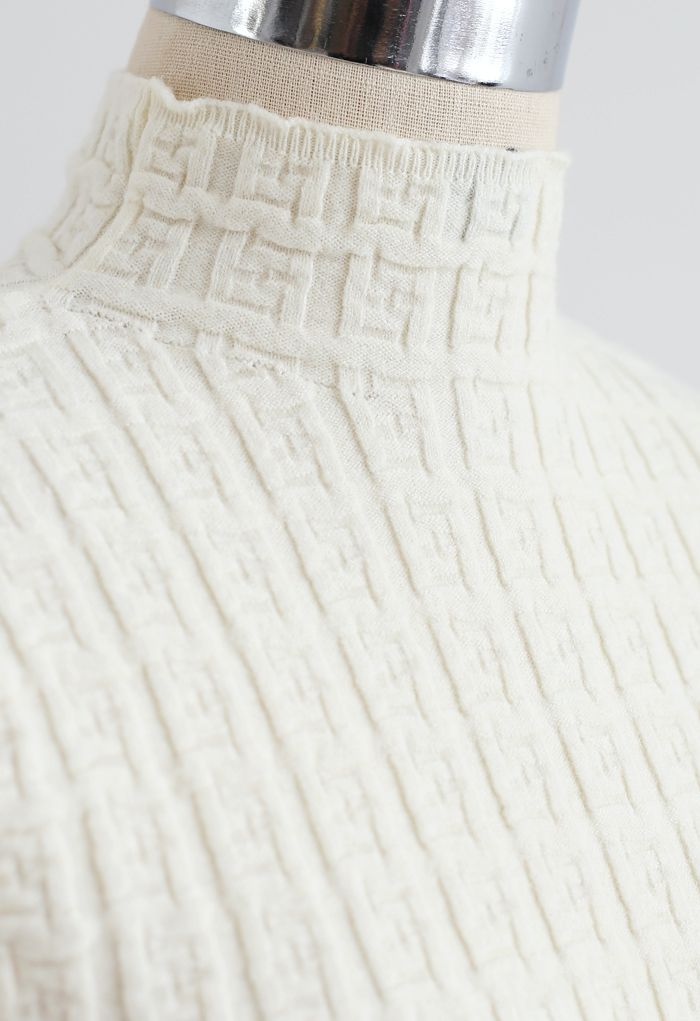 Maze Embossed High Neck Fitted Knit Top in Cream