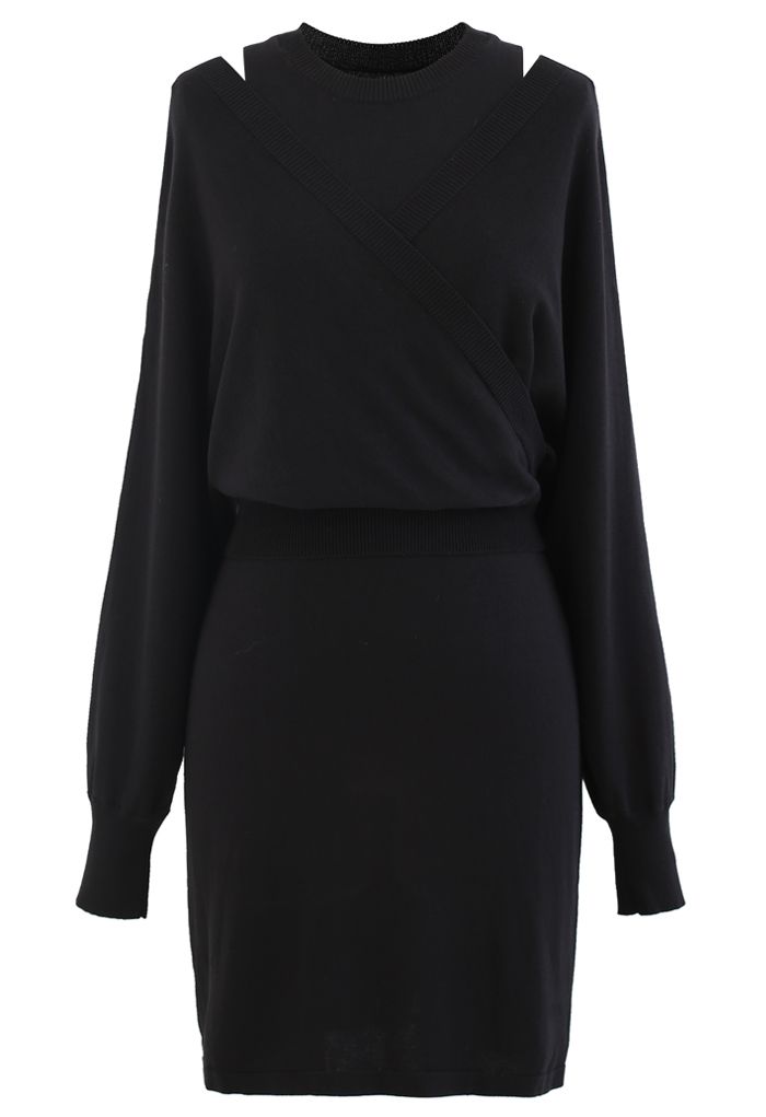 Crop Wrapped Top and Sleeveless Knit Twinset Dress in Black