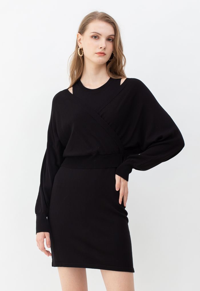 Crop Wrapped Top and Sleeveless Knit Twinset Dress in Black