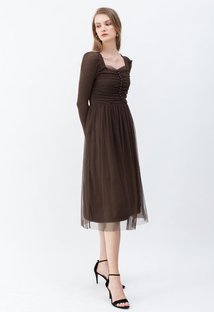 Square Neck Shirred Tulle Mesh Rib Knit Dress in Brown