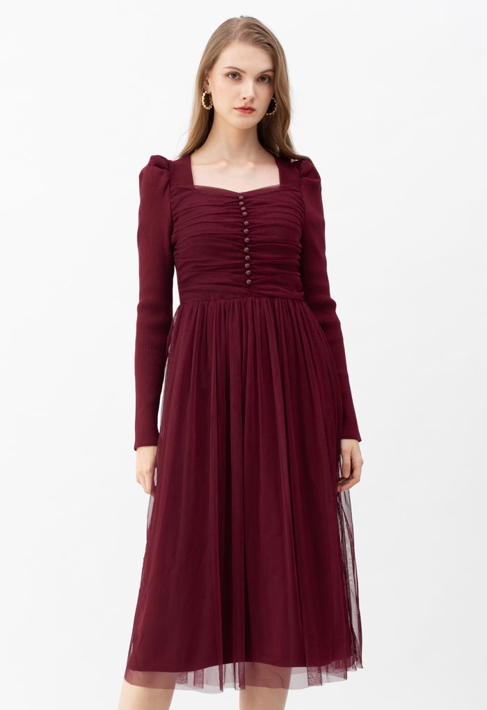 Square Neck Shirred Tulle Mesh Rib Knit Dress in Wine
