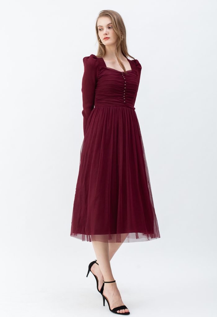 Square Neck Shirred Tulle Mesh Rib Knit Dress in Wine
