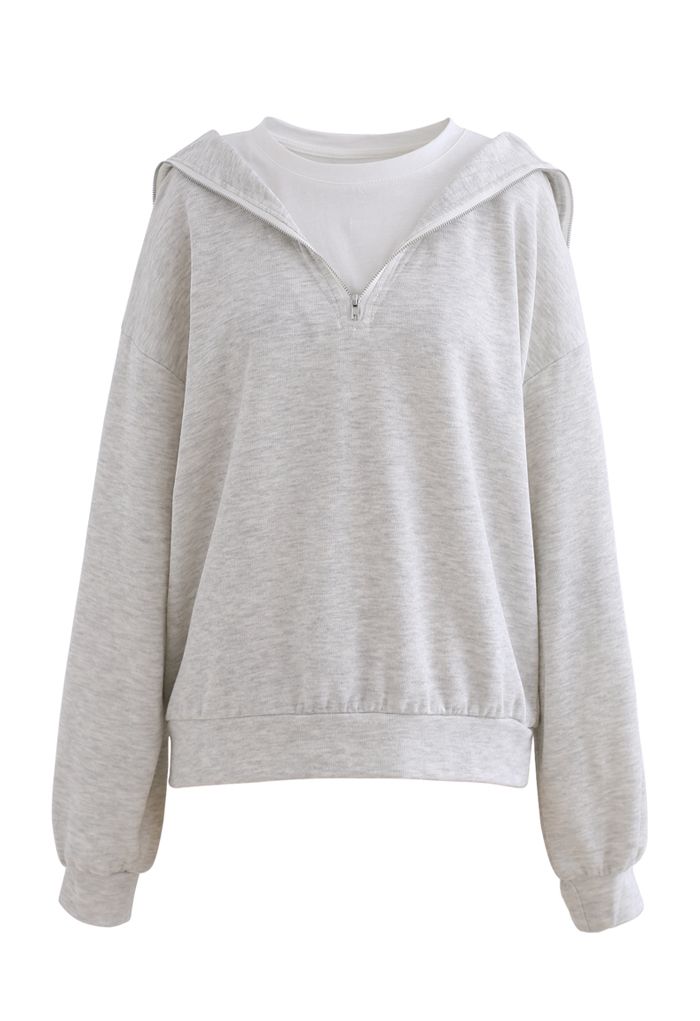 Zipper Front Spliced Sweatshirt in Light Grey