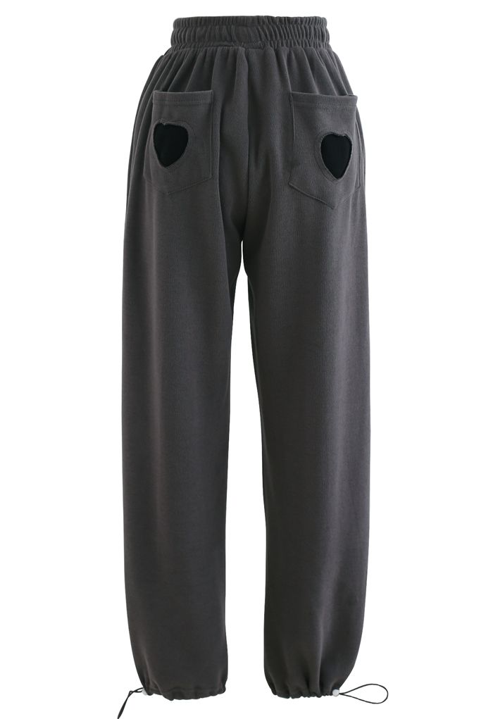 Heart Patched Pocket Drawstring Joggers in Smoke