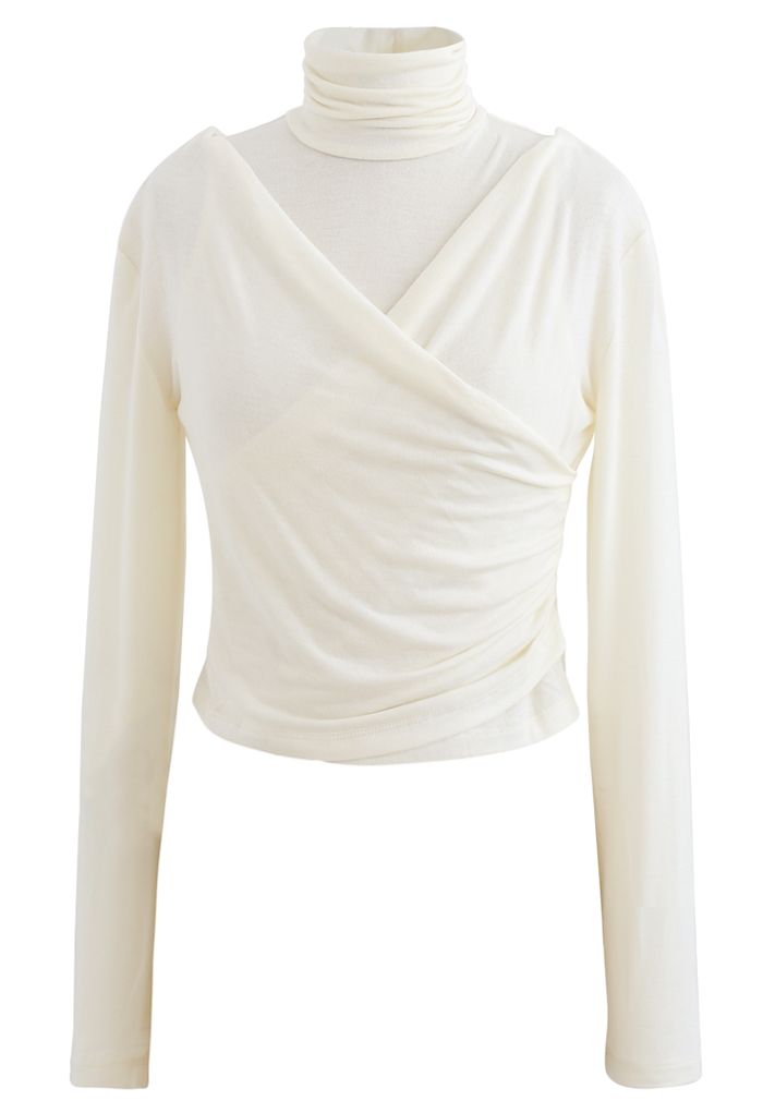 Fake Two-Piece Turtleneck Wrap Top in Cream