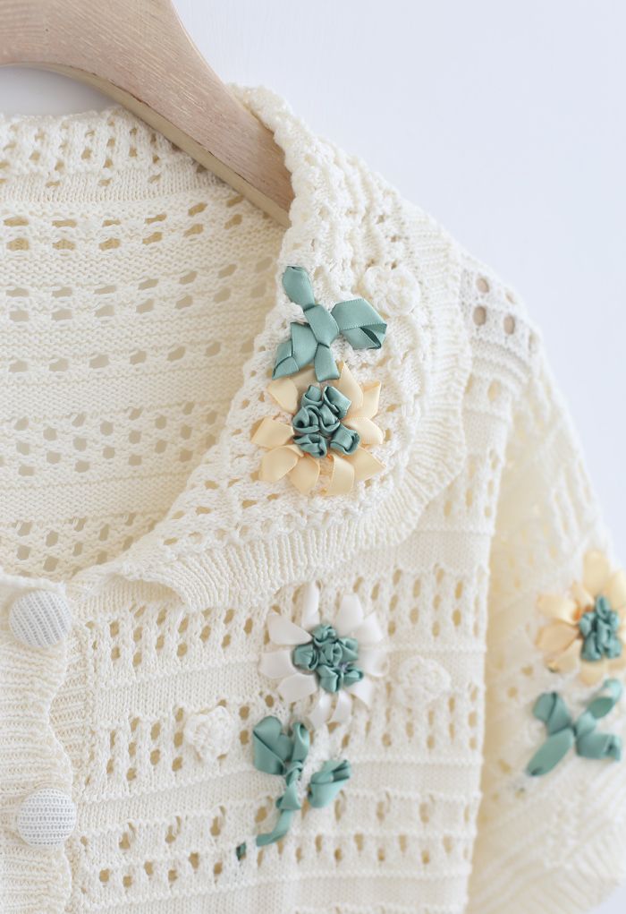 Hand-Knit Flower Eyelet Knit Cardigan in Cream