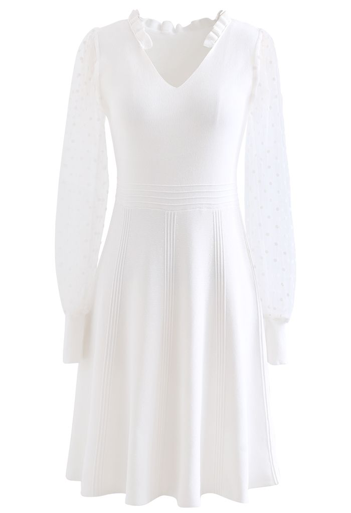 Sheer Dotted Sleeves V-Neck Knit Dress in White