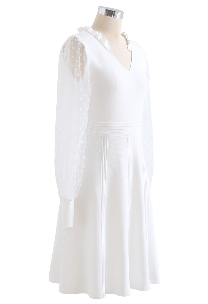 Sheer Dotted Sleeves V-Neck Knit Dress in White
