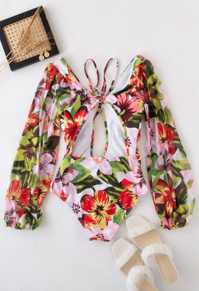 Mesh Sleeve Cut-Out Halter Swimsuit in Tropical Floral