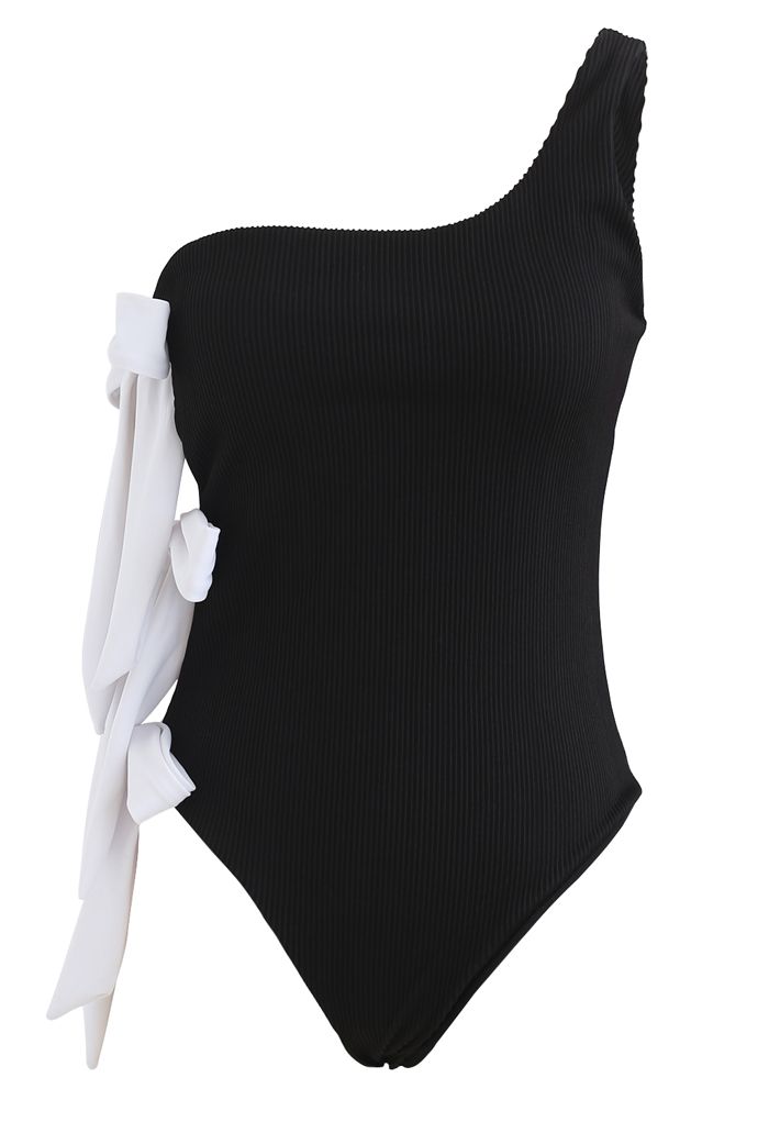 Bowknot Side One-Shoulder Swimsuit in Black