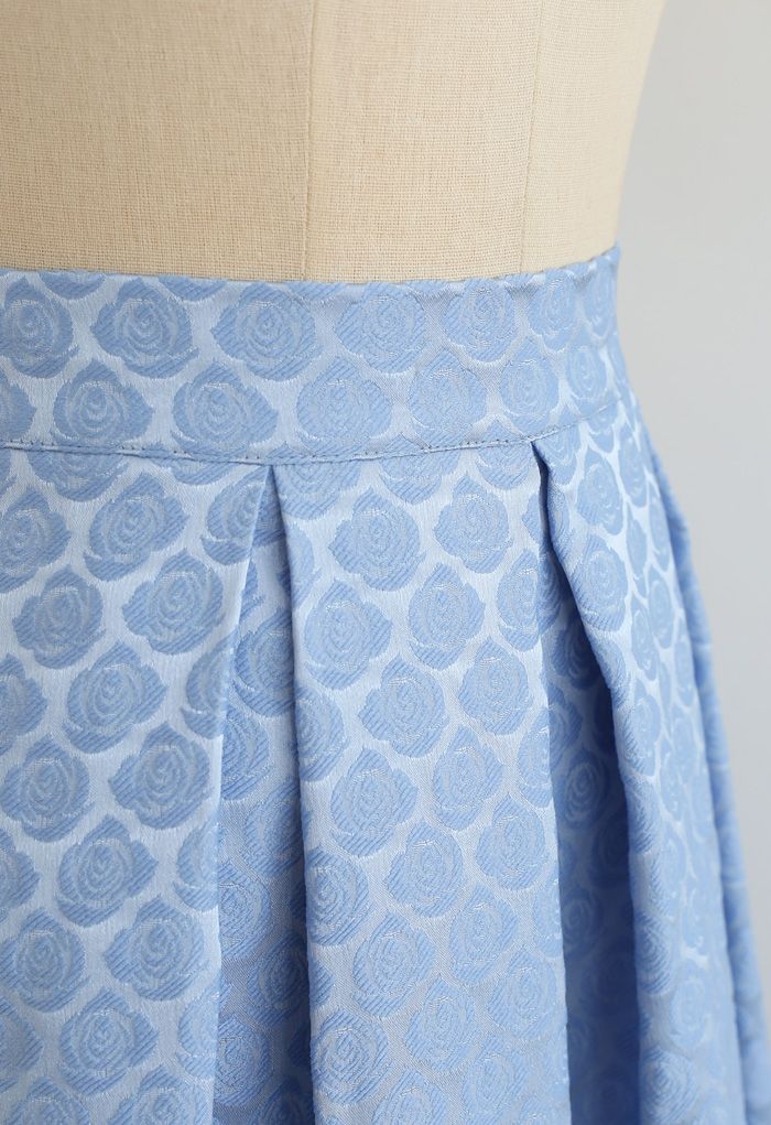 Embossed Rose Pleated Midi Skirt in Blue