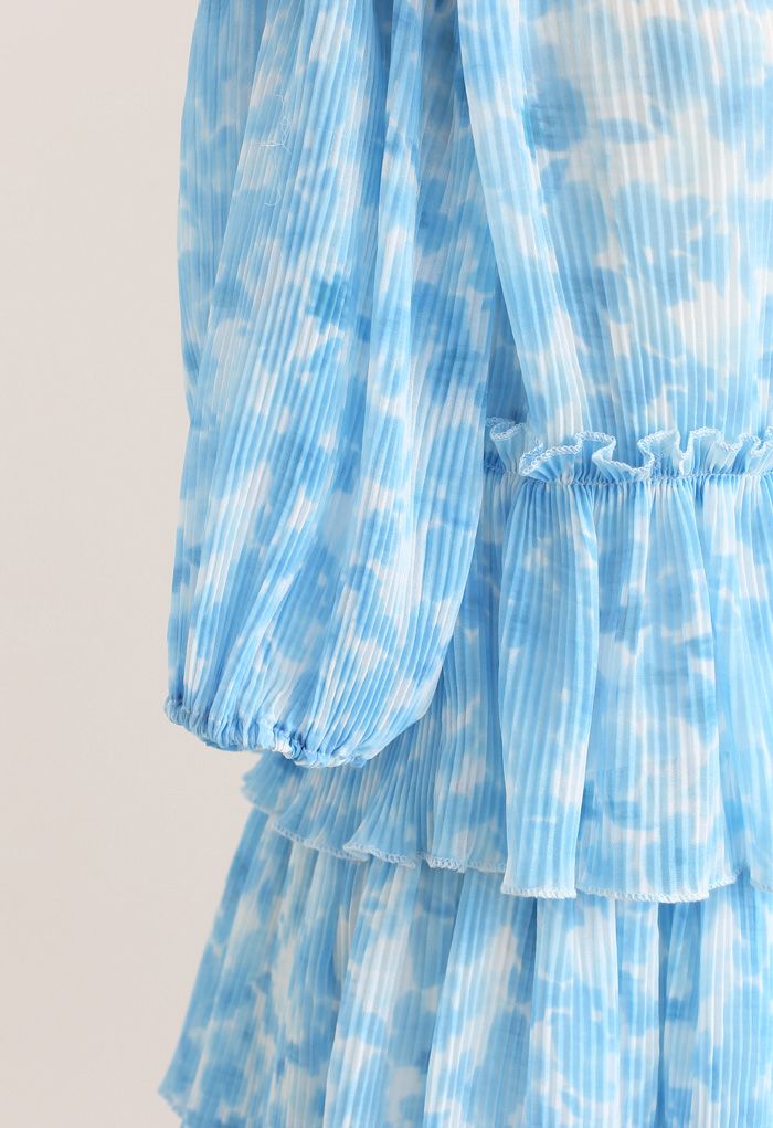 Pleated Tie-Dye Tiered Dolly Dress in Blue