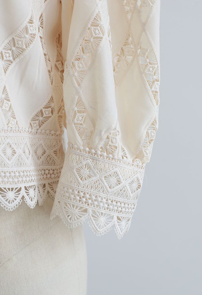 Crochet Inserted Puff Sleeves Crop Top in Cream