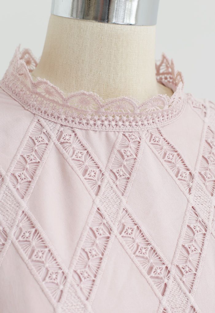 Crochet Inserted Puff Sleeves Crop Top in Dusty Pink