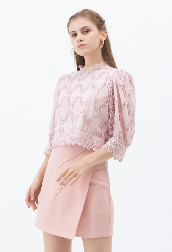 Crochet Inserted Puff Sleeves Crop Top in Dusty Pink