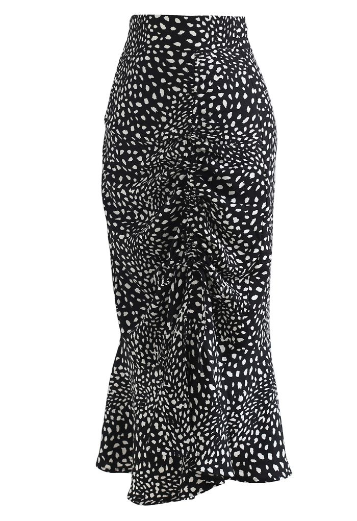Dotted Drawstring Frilling Skirt in Black