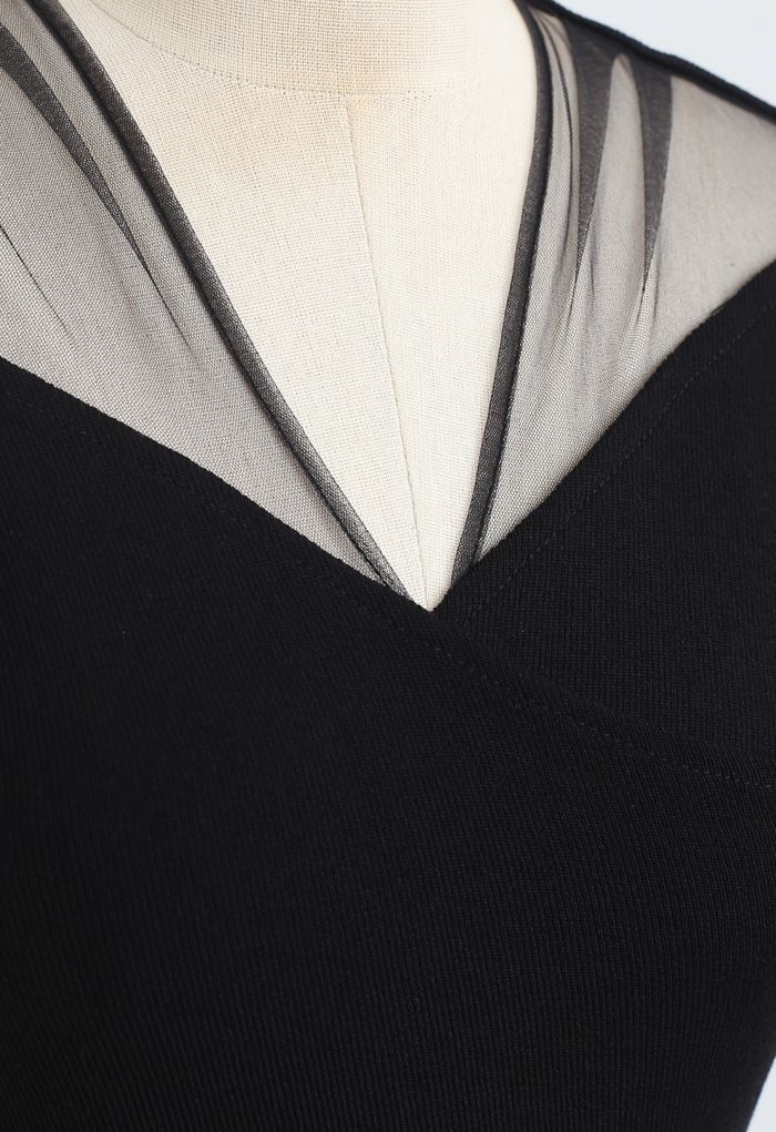 Cross Front Mesh Shoulder Knit Top in Black