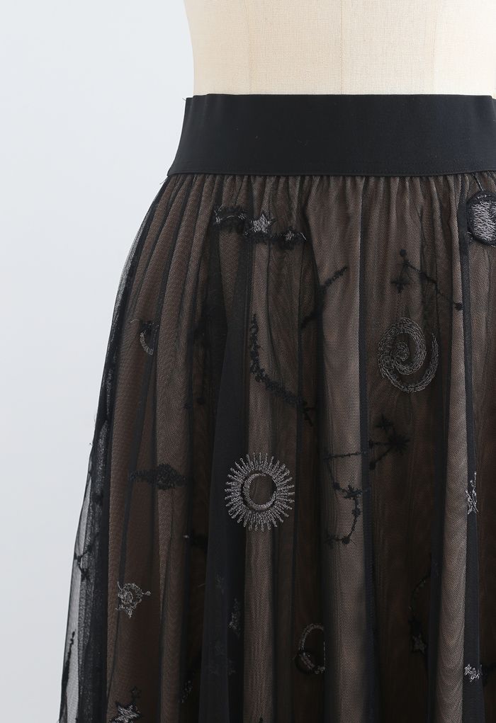 Universe Embroidery Mesh Tulle Skirt in Black