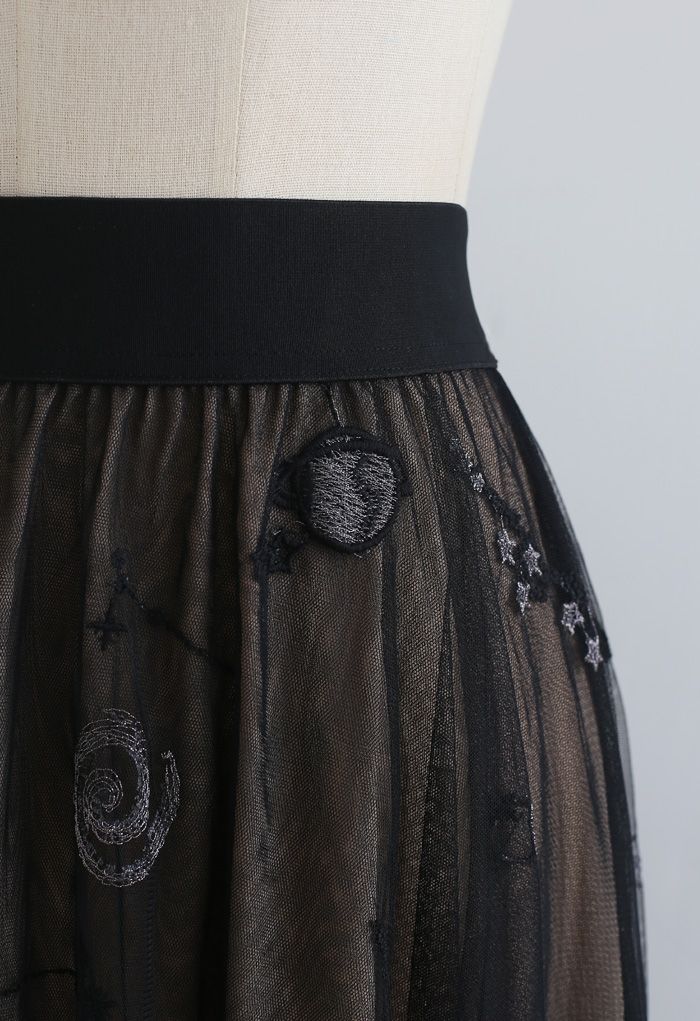Universe Embroidery Mesh Tulle Skirt in Black