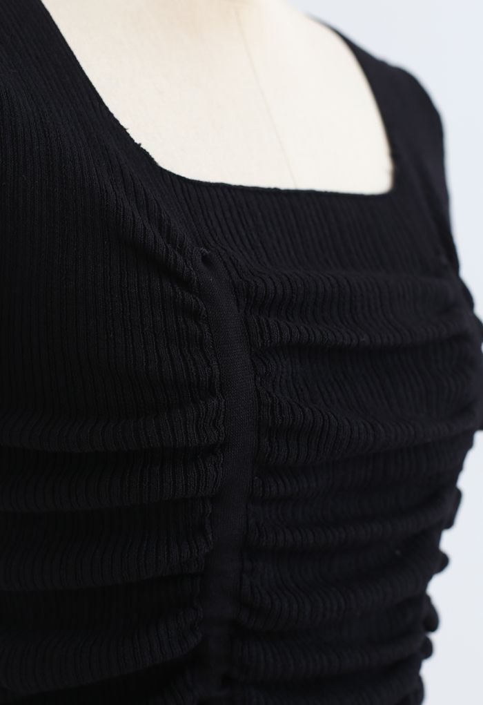 Ruched Drawstring Square Neck Knit Top in Black