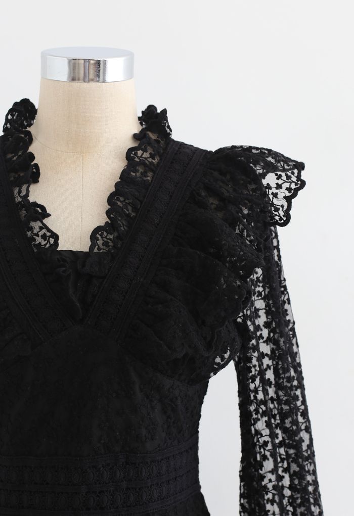 Full of Floret Embroidered Ruffle Mesh Dress in Black