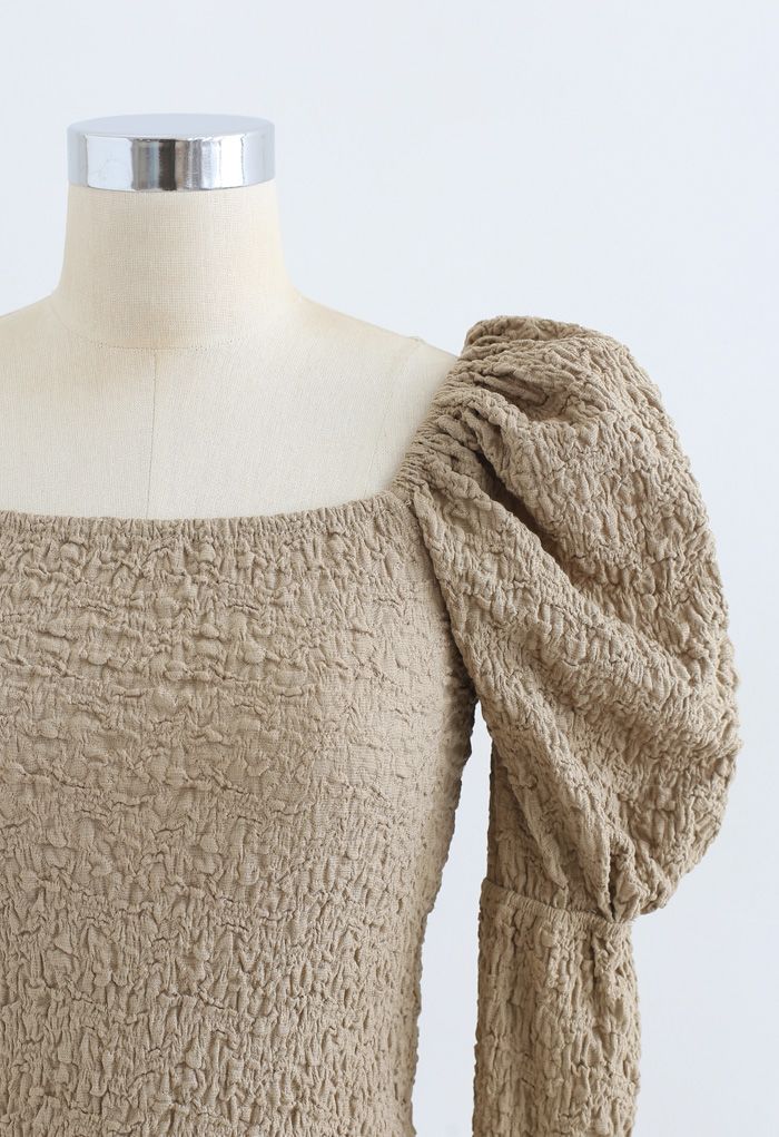 Embossed Square Neck Puff Sleeves Crop Top in Taupe