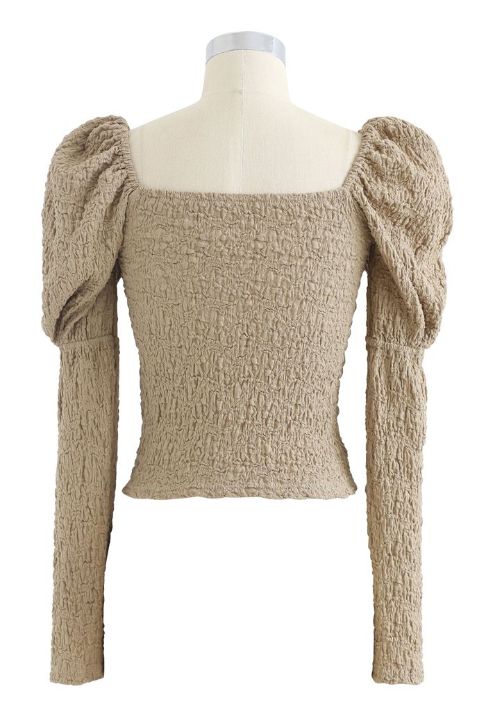 Embossed Square Neck Puff Sleeves Crop Top in Taupe
