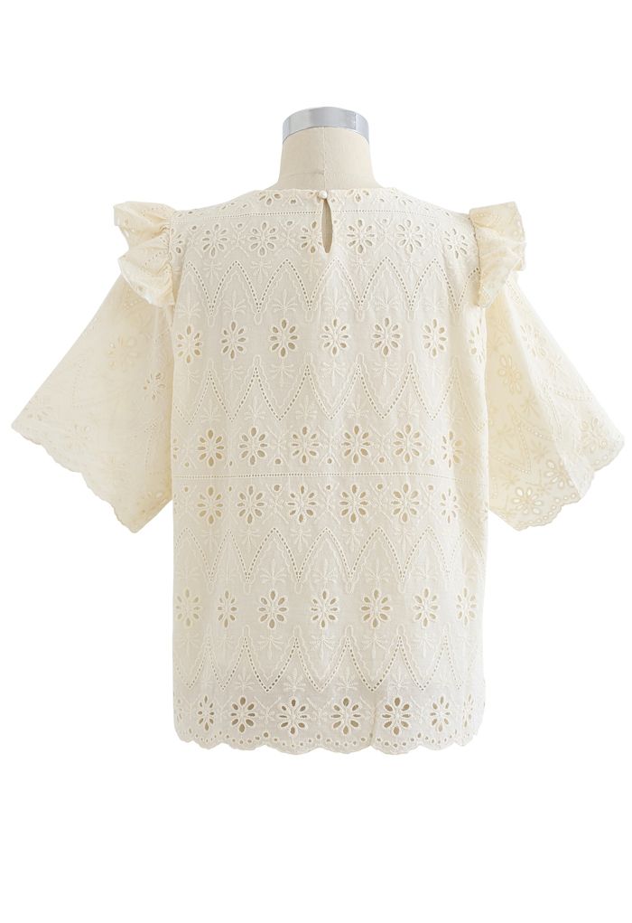 Zigzag Eyelet Floral Embroidered Short-Sleeve Top in Light Yellow