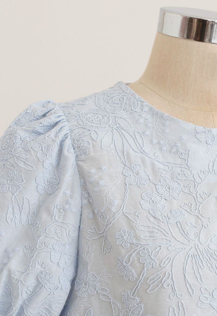 Delicate Floral Embroidered Short-Sleeve Top in Blue