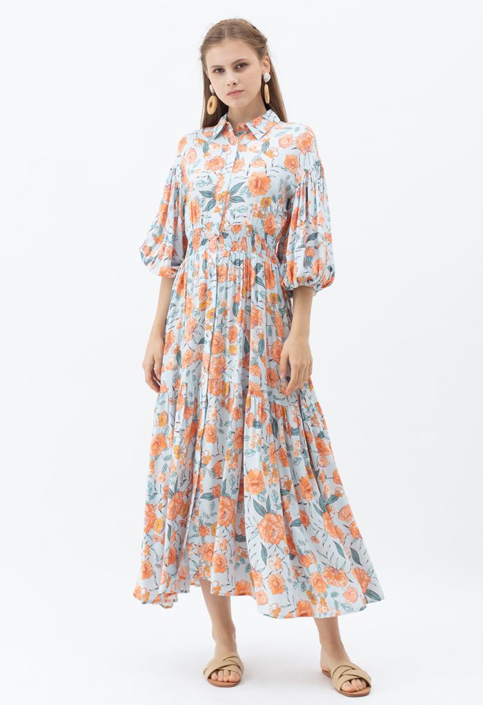 Blossom Moment Bubble Sleeves Button Down Maxi Dress in Light Blue